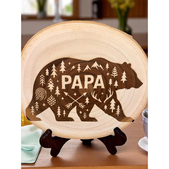Personalized Papa Bear Wood Slice Engraving with Kids’ Names | Rustic Papa Gift - Picture 3 of 4